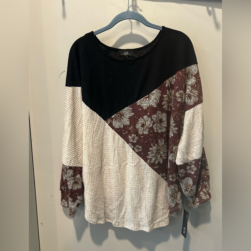 Floral AGB Patchwork Long Sleeve Top 2X Boho